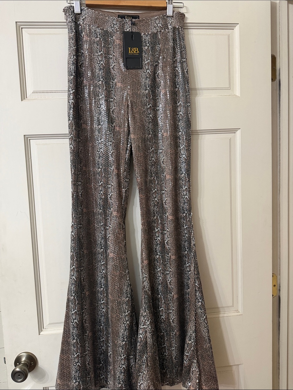 L&B Sequin Snake-Print Flare Pants in Brown and Gray